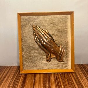 Praying Hands 3D Picture & Frame 10 x11  Religious Copper tone relief Vintage